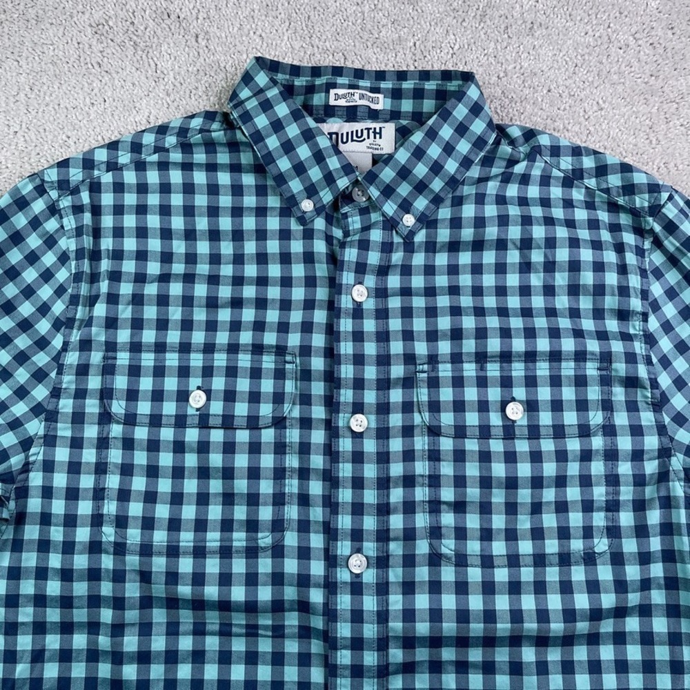 Duluth Shirt Mens Medium Blue Gingham Check Untucked‎ Soft Skills Button Up